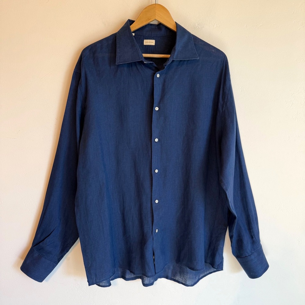 Doppelganger 100% Linen Shirt XXL Blue Button Up Coastal Old Money Italian Mens